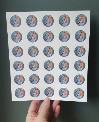 Een stickervel met 30 ronde stickers van een roodbortje. Donkergroene achtergrond.
